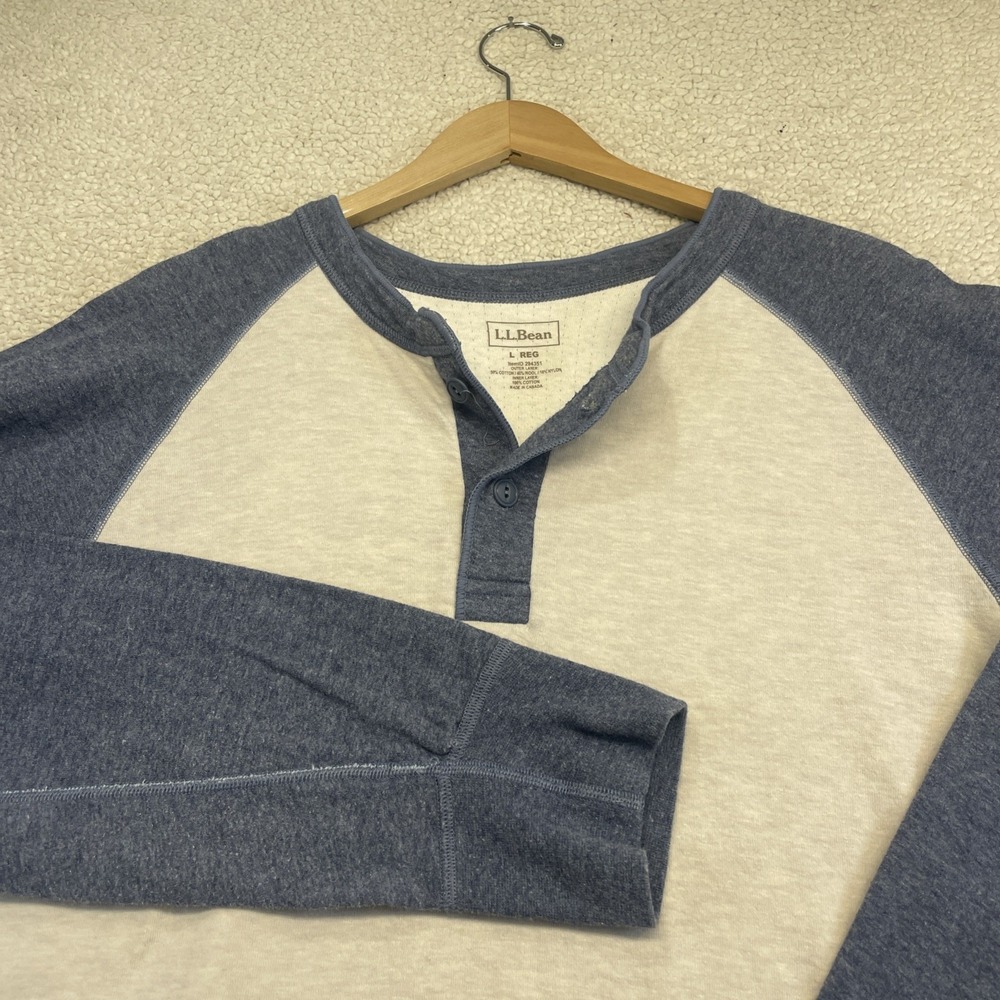 LL Bean Henley Mens L Blue Oatmeal Raglan Baseball Long Sleeve Wool Blend Shirt - Picture 1 of 7
